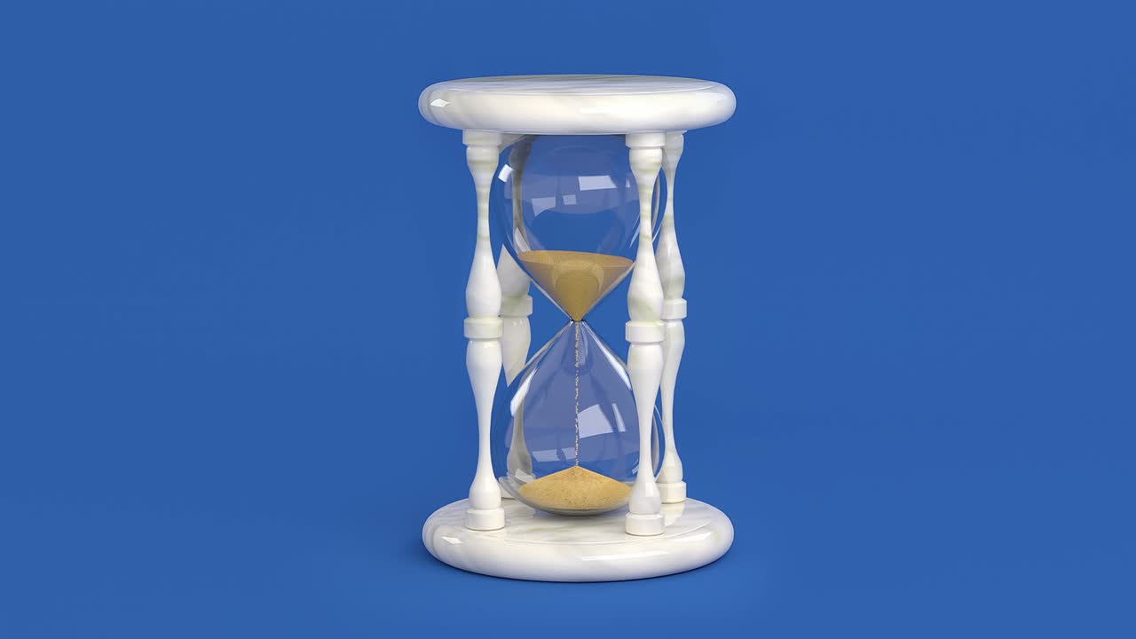 An hourglass on a blue background. Falling yellow sand. 3D-rendering.