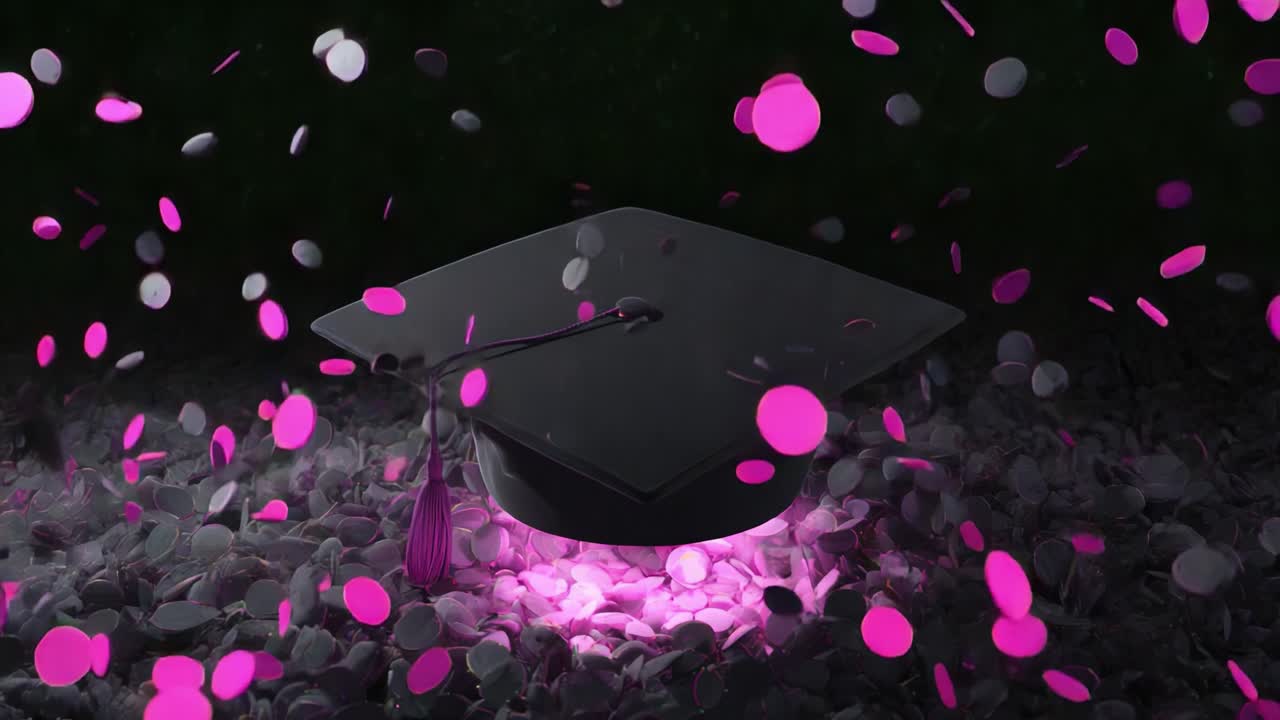 Una splendida toque di laurea circondata da vivaci coriandoli rosa e pietre scintillanti, che cattura l'essenza del successo e della celebrazione in un'atmosfera dinamica e animata