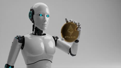a futuristic robot holding an ethereum coin, symbolizing the intersection of technology and cryptocurrency in a digital era of innovation and finance