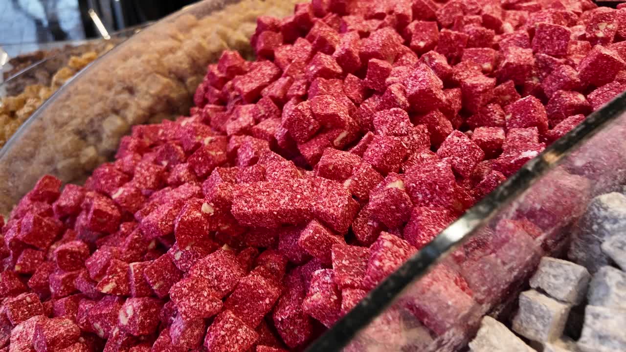 Close-up of colorful Turkish Delight candies on display