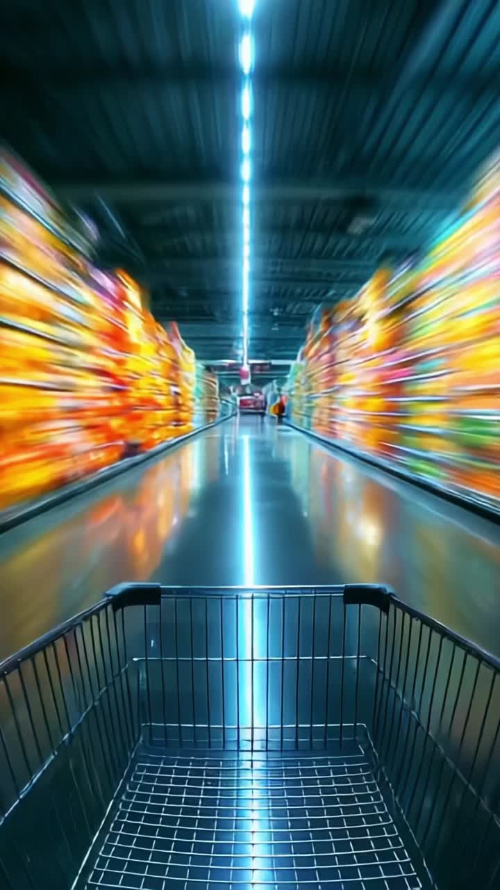 A Dynamic View of a Shopping Cart Surrounded by Vibrant Aisles Filled with Colorful Products, Conveying the Experience of Grocery Shopping on a Busy Day
