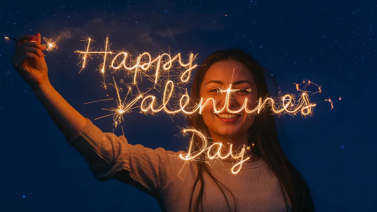 Raising adult woman holding lit sparkler under starry sky, creating Happy Valentine's Day message