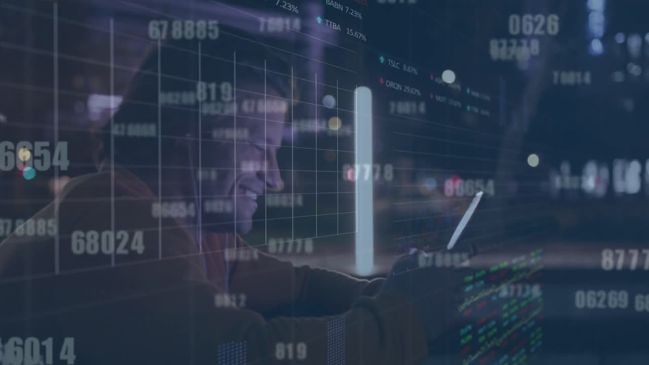 Animation of graphs, trading boards, changing numbers, caucasian man chatting on cellphone