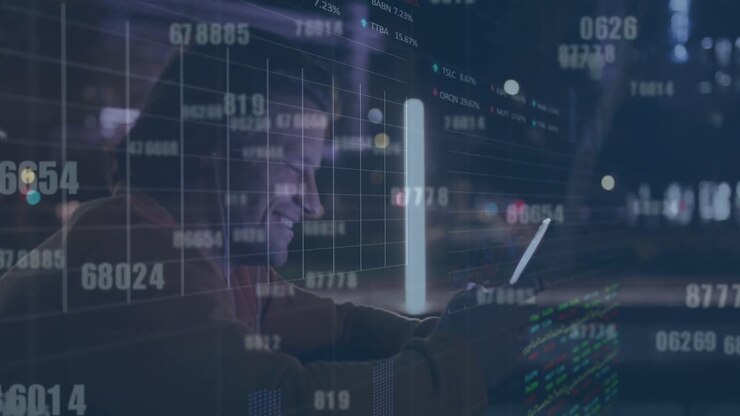 Animation of graphs, trading boards, changing numbers, caucasian man chatting on cellphone