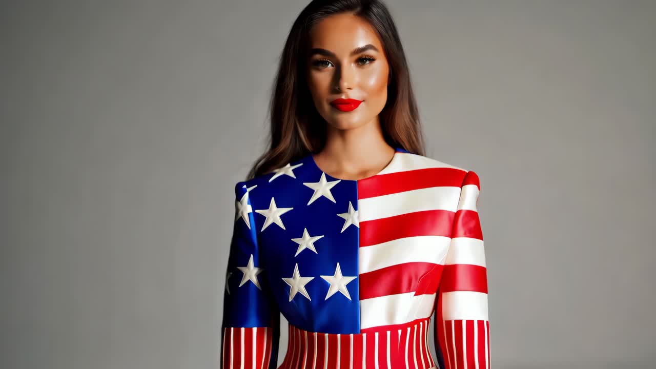 mujer con vestido de bandera estadounidense