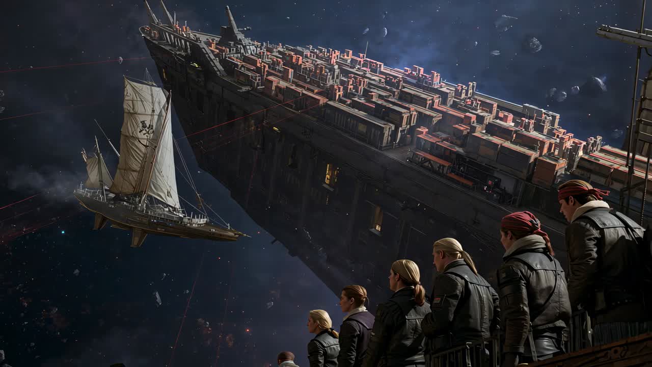 Camera panning, crew with bandanas tracking sailboat and tilted starship on wooden deck, copy space