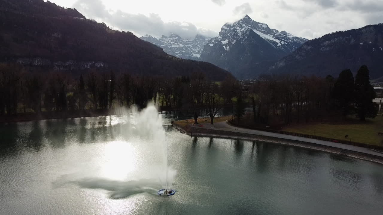 Bird's-eye view of the fountain in Walensee in Weesen, canton St. gallen, Switzerland.