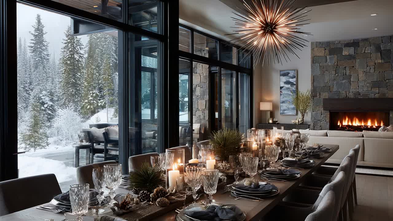 Elegant Winter Dining Room with a Grand Table Setting, Sparkling Glassware, and Cozy Fireplace, Surrounded by Snowy Pines Through Large Windows, Creating a Warm Atmosphere for Gatherings