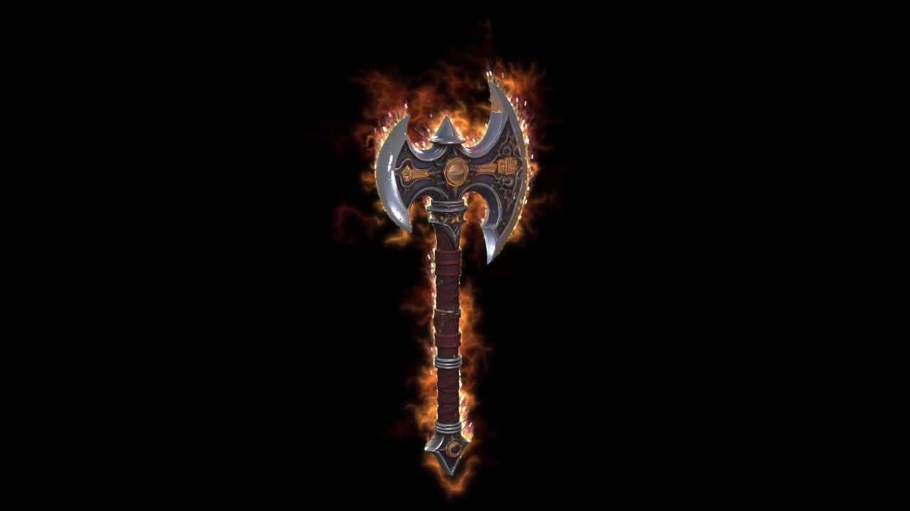 Mycket detaljerad 3D-design av stridsyxa i fantasy-stil 03, med utsmyckade metallblad, glödande ädelstenskärna och flammande eldfängda effekter på en mörk bakgrund. Perfekt för fantasy-spel och storslagna animationsprojekt