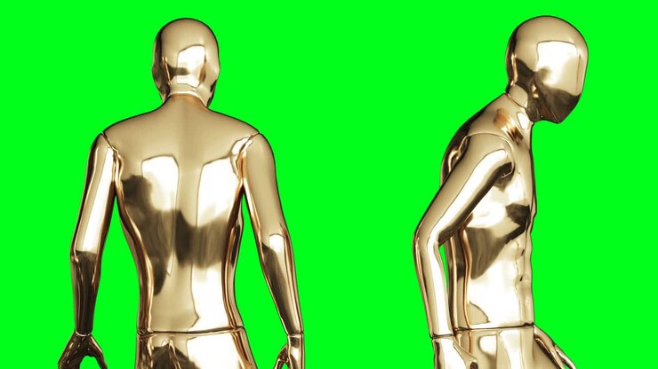 Golden man character animation. Isolate on green screen.