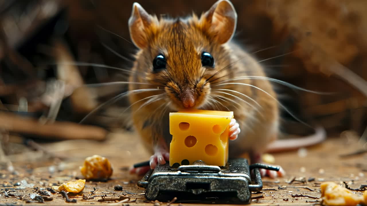 Small mouse eating cheese on a metal trap. Brown house mouse holding a piece of yellow swiss cheese sitting on top of a traditional metal mousetrap