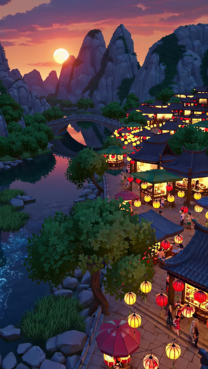 Chinese Night Market Scene at Sunset