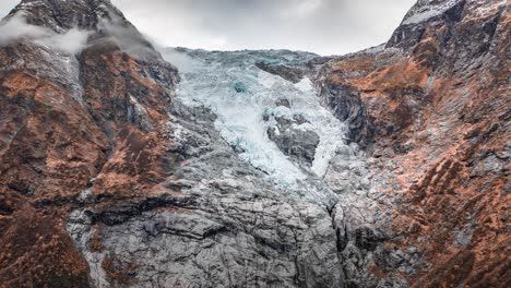 Aerial-view-of-the-Boyabreen-glacier-in-Jostedalsbreen-National-Park,-and-it-is-a-side-branch-of-the-large-Jostedalsbreen-glacier