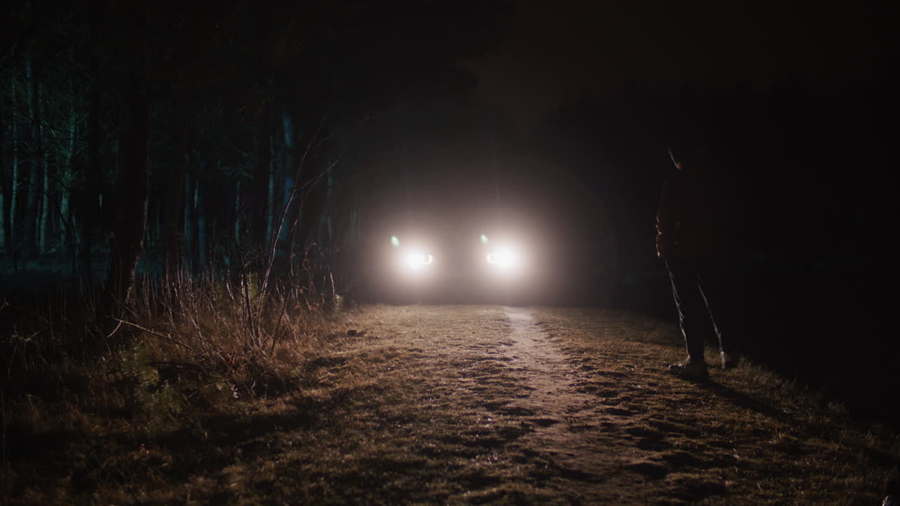 Person standing on a dark forest road at night with car headlights