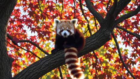 red panda on an autumn tree branch