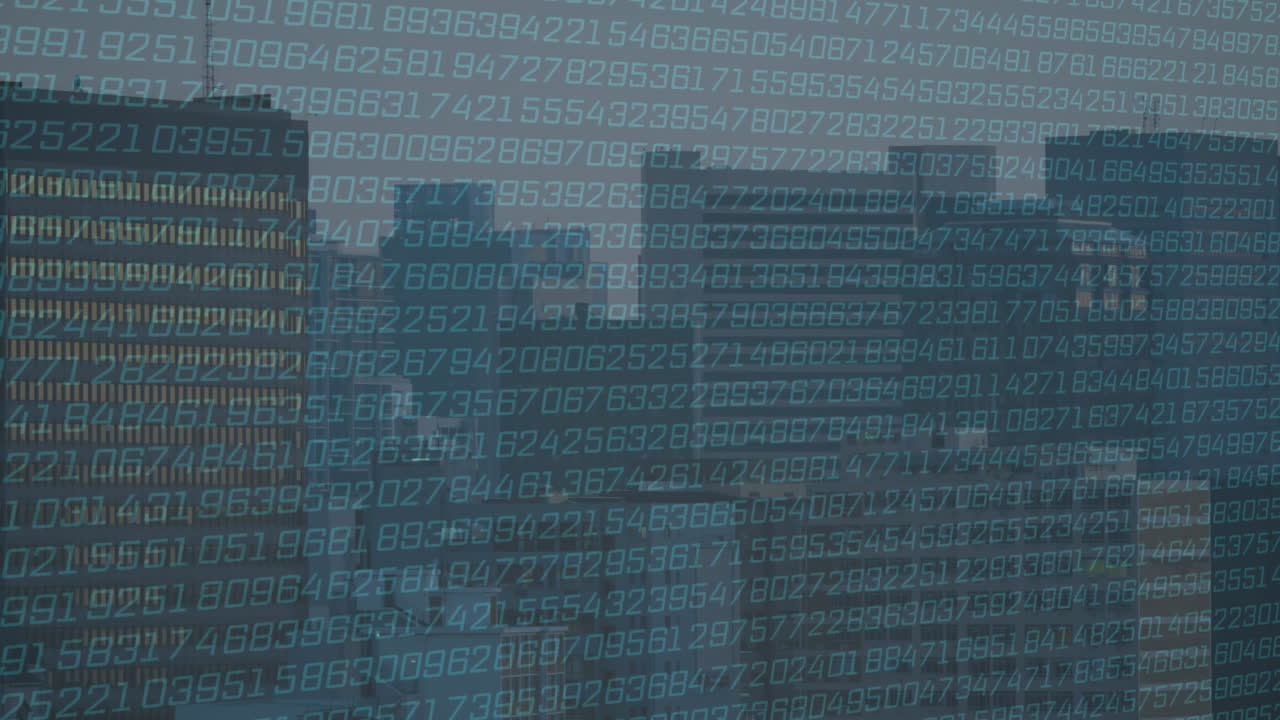 Binary numbers animating over cityscape with tall buildings