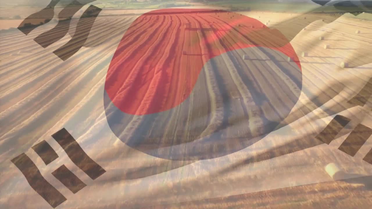 Animation of flag of china blowing over ploughed field with hay bales