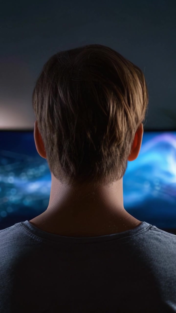 Contemplative Male Figure Observing a Vividly Colored Screen Display, Engaged in a Moment of Reflection and Inspiration in a Dimly Lit Environment