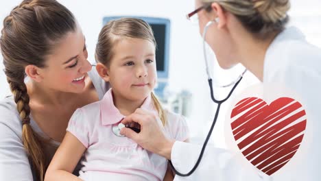 animation of heart icon over caucasian mother and daughter visiting female doctor