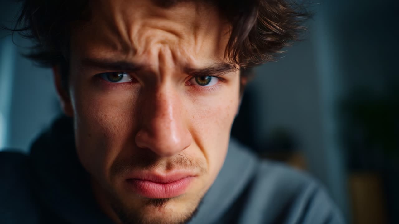 A close-up portrait of a young man expressing frustration and concern, showcasing an intense gaze with noticeable facial expressions and emotions reflecting inner turmoil