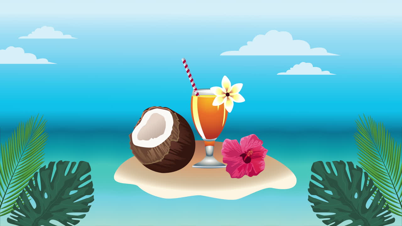 poster de vacaciones de verano con coco y taza de cóctel tropical