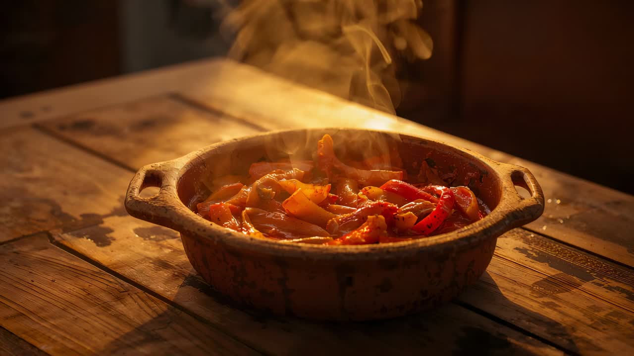 Cazuela de barro humeante emitiendo vapor de calor sobre mesa desgastada, mostrando tiras de pimiento, aceite brillante