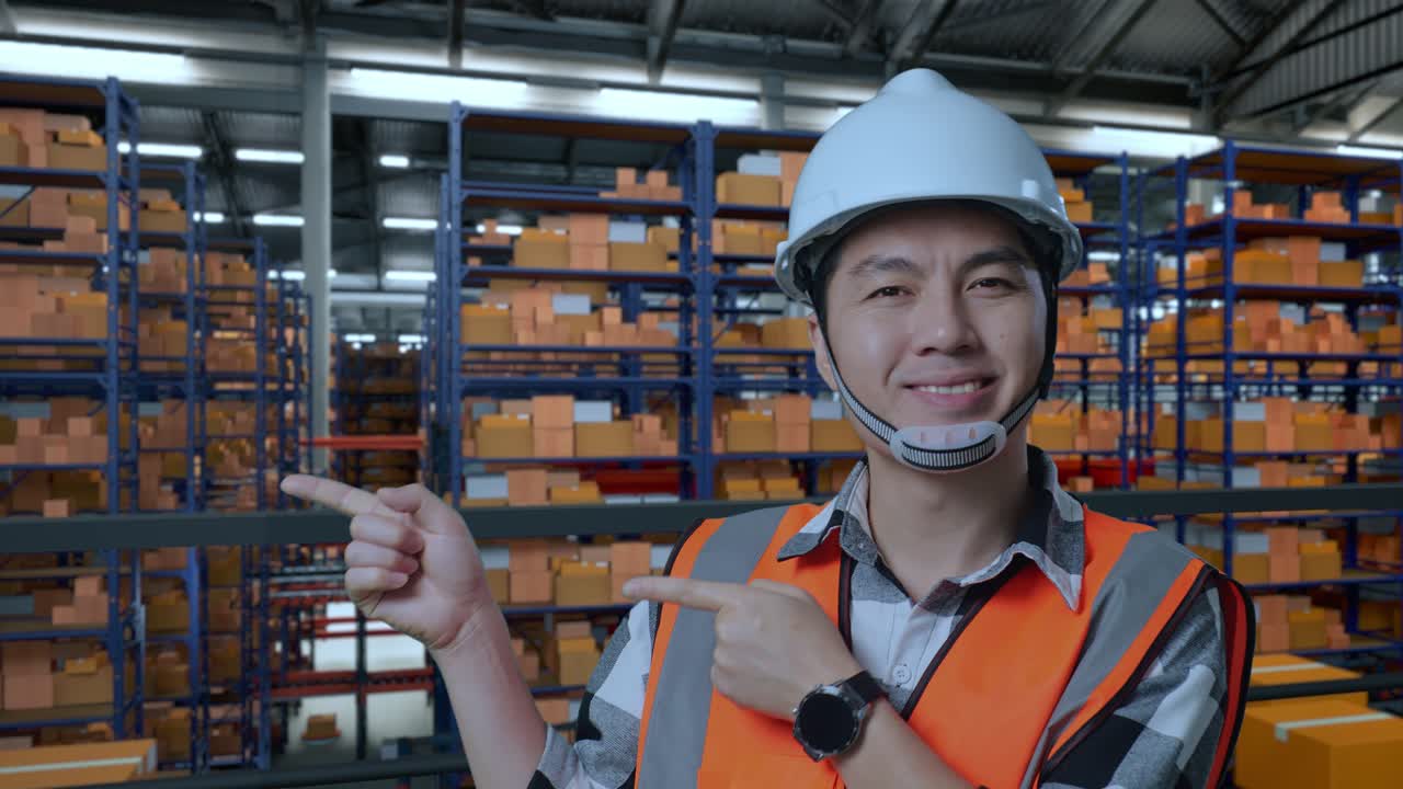 안전 헬을 입은 아시아 남성 엔지니어가 배달 물품으로 가득 찬 선반을 가진 창고에 서 있습니다. 미소 짓고 으로 가리키는 것은 창고에 있는 무언가를 추천합니다.