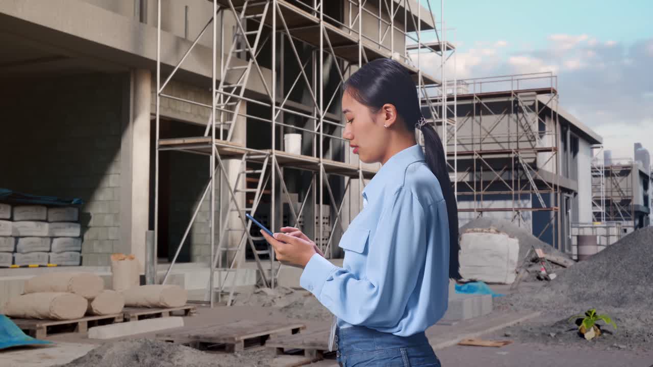 Side View Of Asian Female At Construction Site in Progress to New House, Observes By Looking Up Then She Come To Concentrating On The Phone And Keep On Checking