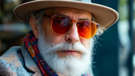 a man with a white beard wearing a hat and sunglasses