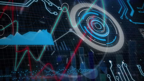 animación del escáner redondo, el procesamiento de datos estadísticos y las conexiones de microprocesador