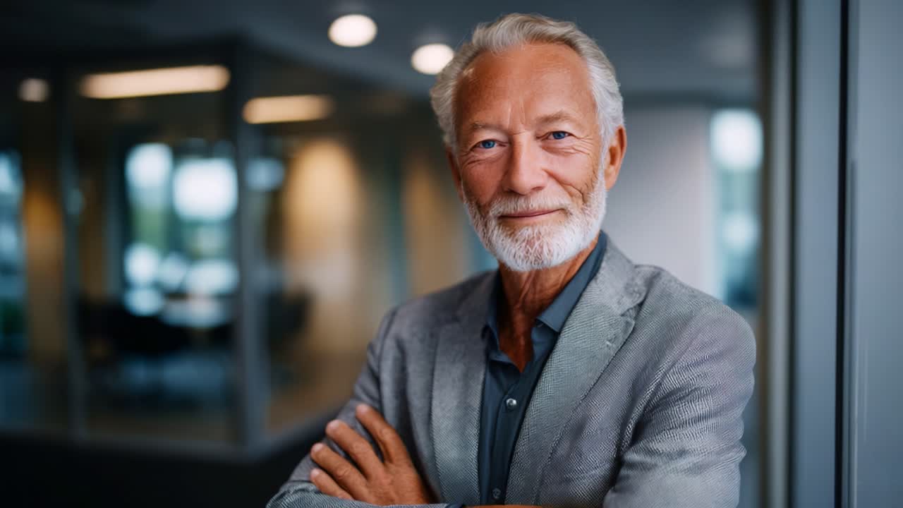 Sikker senior forretningsmand med sølvfarvet hår og skæg smiler i kontormiljø og viser professionalisme og erfaring i moderne arbejdsomgivelser