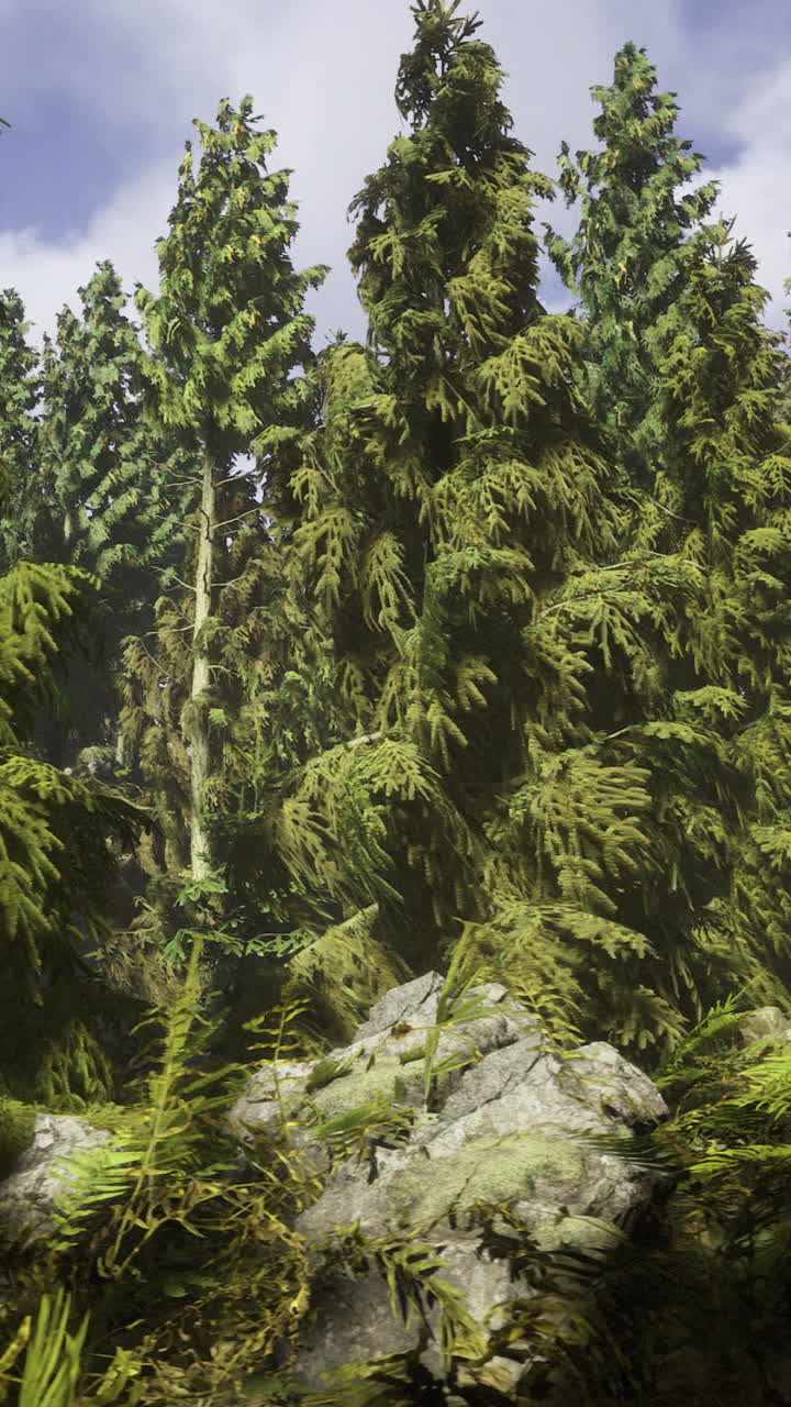 Lush forest with tall trees and vibrant foliage in a serene natural landscape