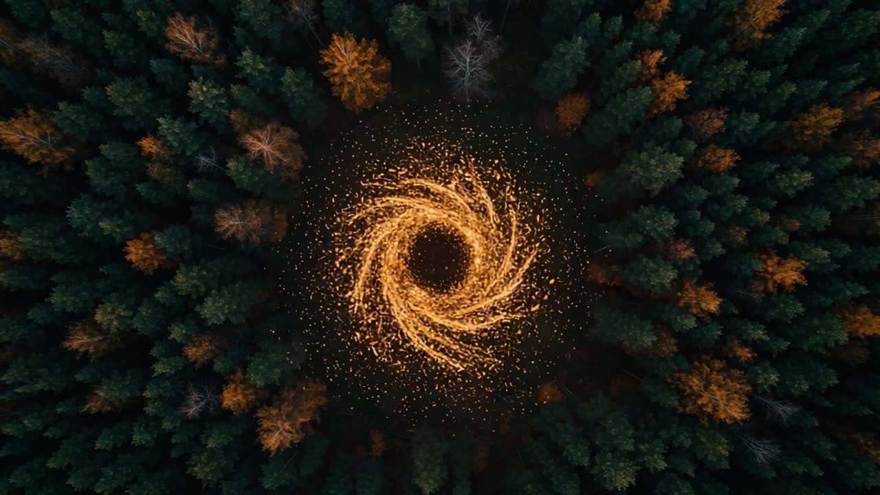 A Mesmerizing Spiral of Golden Sparks Illuminates a Forest Canopy, Creating a Stunning Contrast Between Nature's Green and the Enchanting Warmth of Autumnal Colors