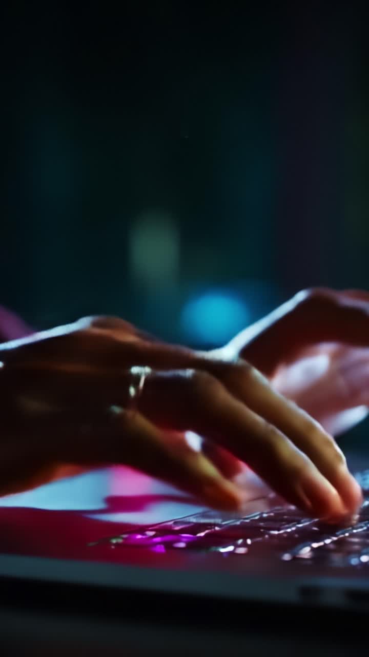 Digitazione creativa su una tastiera di un laptop in un ambiente scarsamente illuminato, con mani concentrate che si muovono con precisione e intenzione tra le attività digitali