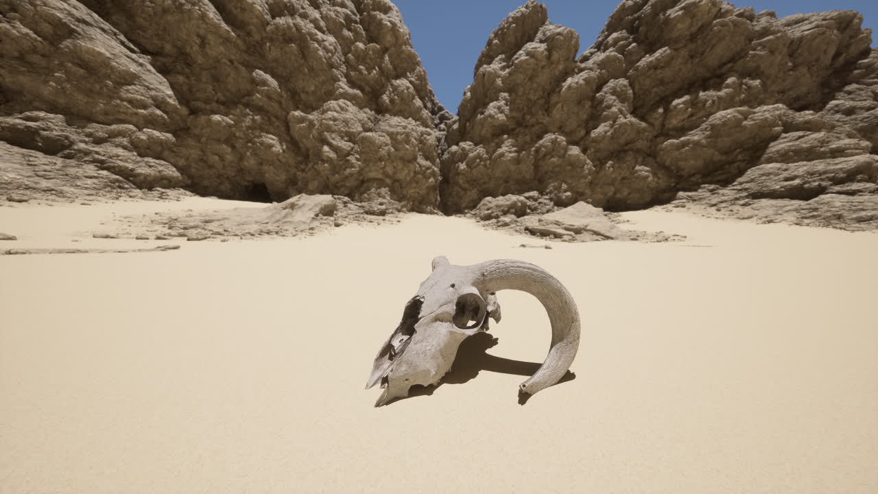 un cráneo yace en la arena de un cañón del desierto.