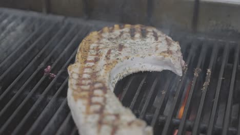 pork chop closeup on grill, smoking barbeque meal