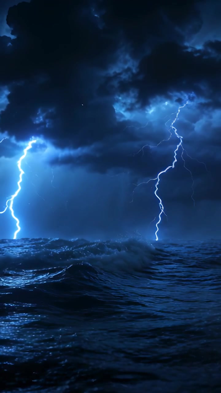 Video verticale: Nuvole temporalesche cariche con fulmini che colpiscono l'oceano di notte, illuminando le onde