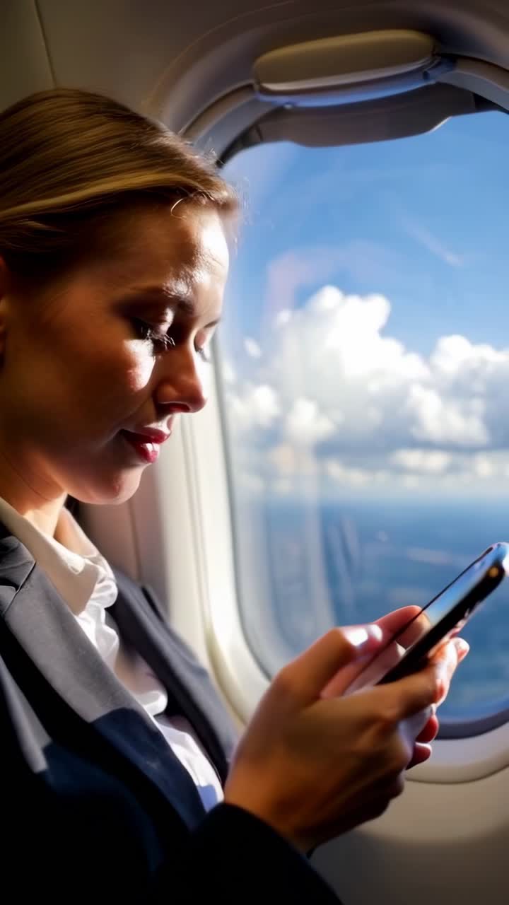 Young female traveler seated near the window on an airplane, using a smartphone.