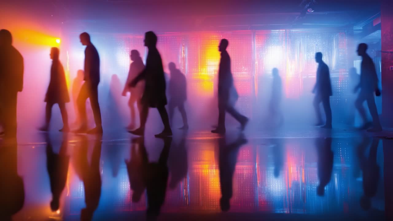 A Vibrant Display of Silhouetted Figures Walking Through a Colorful, Foggy Setting with Reflections on the Ground Capturing an Ethereal Urban Atmosphere
