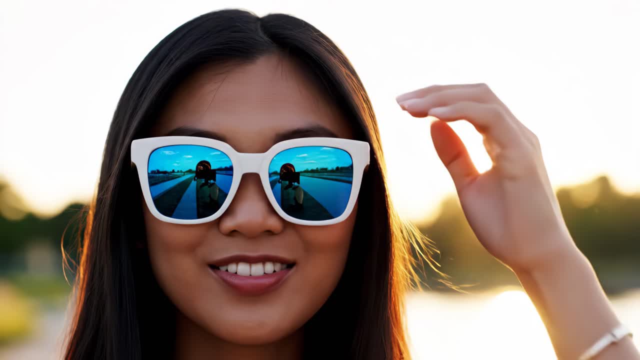 Woman wearing sunglasses reflecting landscape
