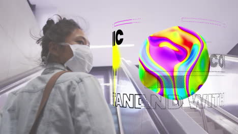 animation of colourful shape with social distancing message over asian woman wearing a face mask