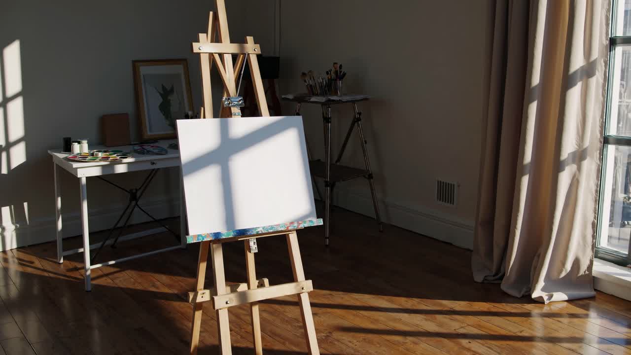 Uno studio d'arte illuminato dal sole con un cavalletto e una tela bianca, ripreso da un'angolazione bassa
