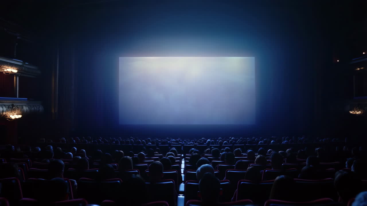 Audience in a dark movie theater with a blank screen