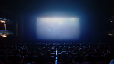 audience in a dark movie theater with a blank screen