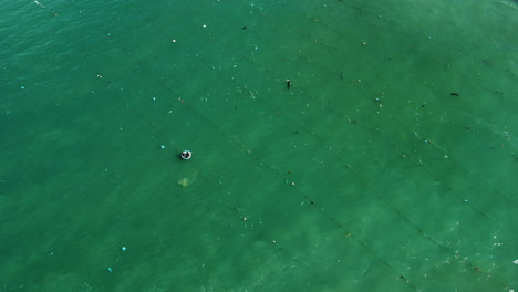 Aerial,-gill-fishing-net-lines-hanging-from-ocean-surface