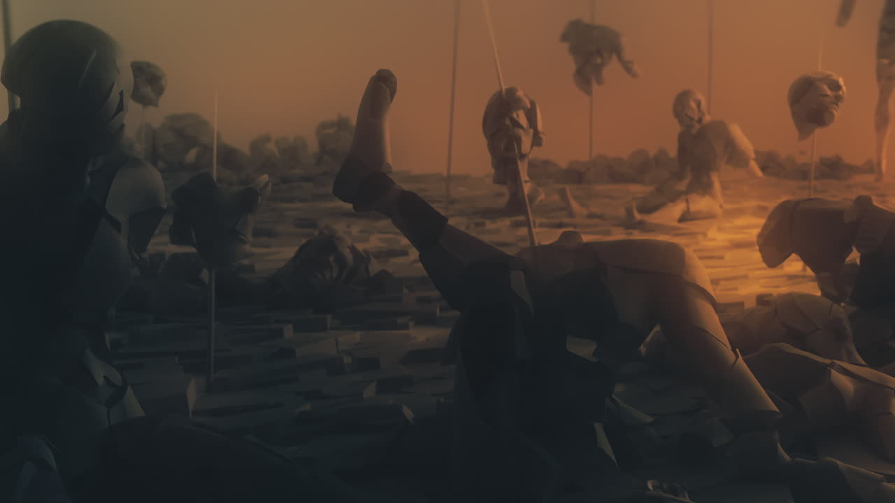 Destroyed andorids on a junkyard in yellow light