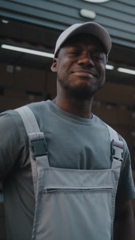 young black man in work uniform at warehouse