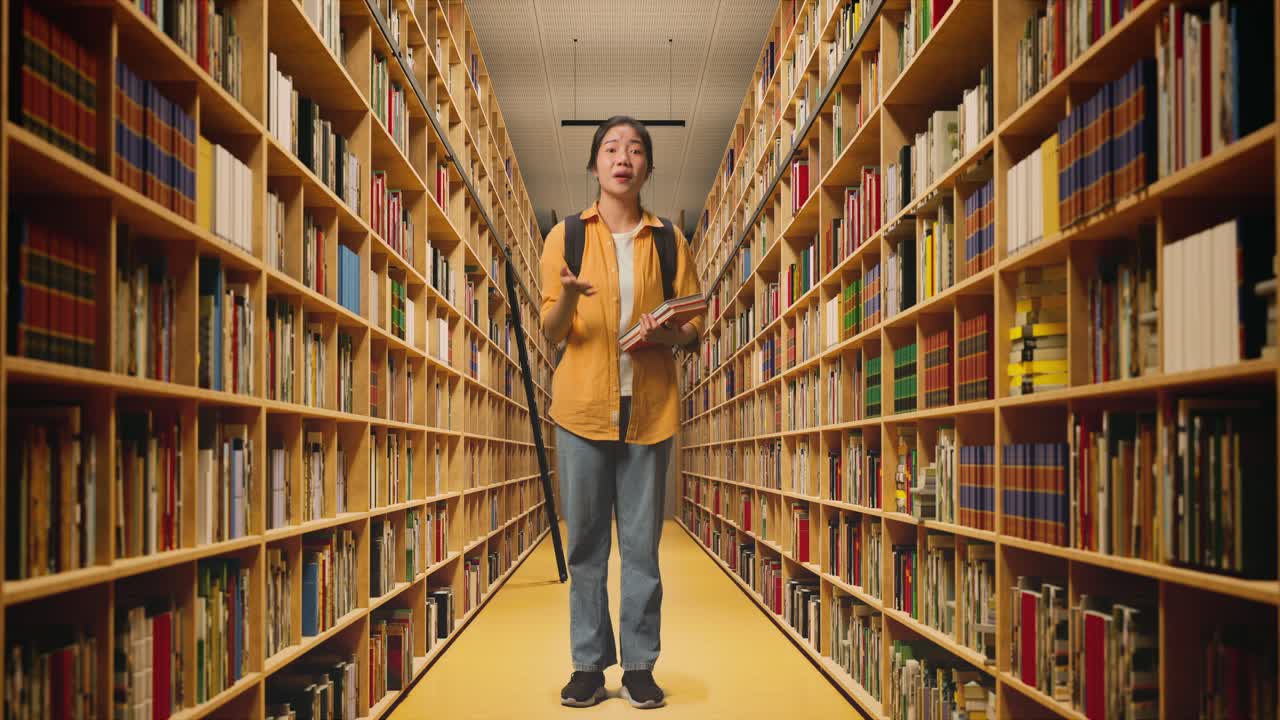 cuerpo lleno de estudiante mujer asiática con una mochila y algunos libros mirando a la cámara y gritando a alguien mientras estaba de pie en la biblioteca