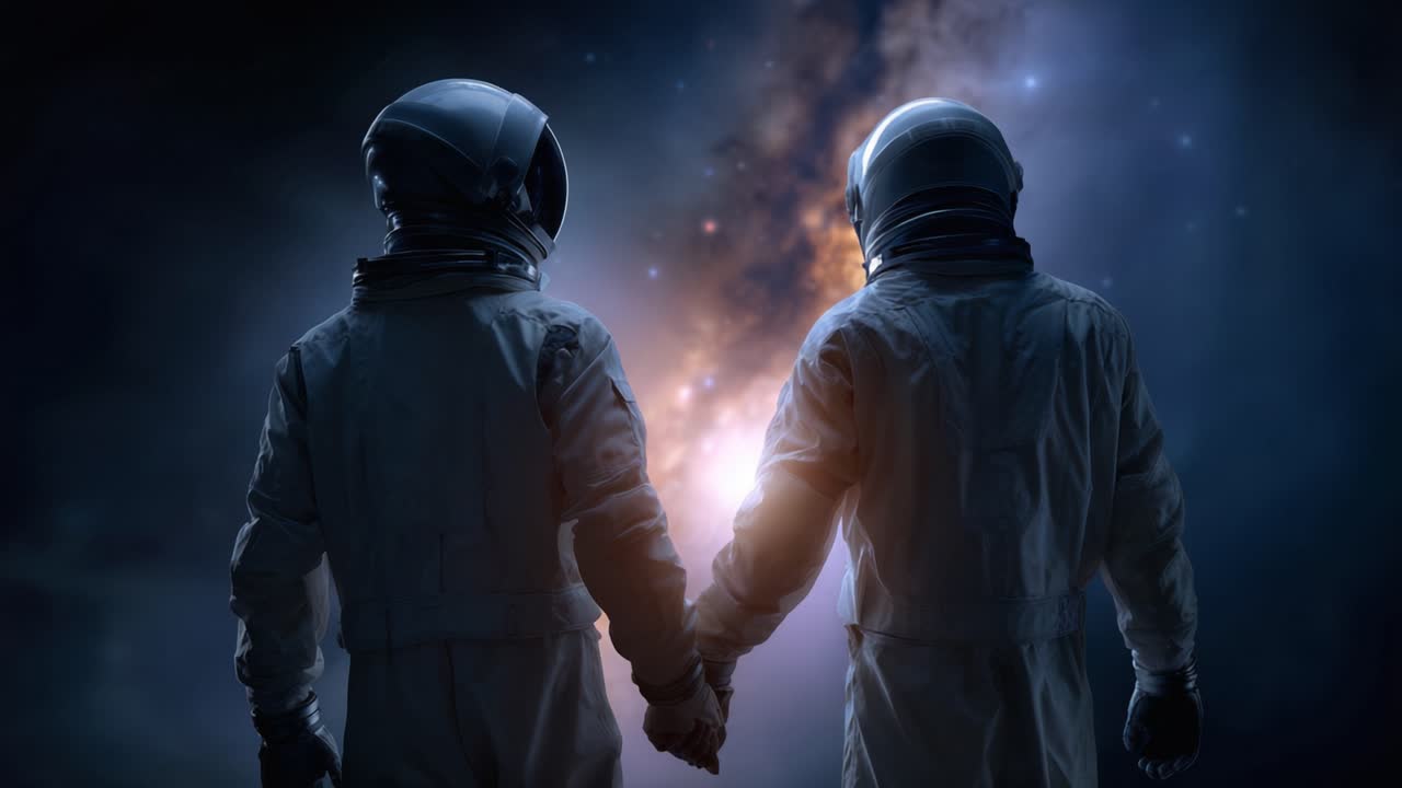 Due astronauti che si tengono per mano nello spazio con uno sfondo celeste, rappresentando la compagnia e l'esplorazione nell'universo infinito.