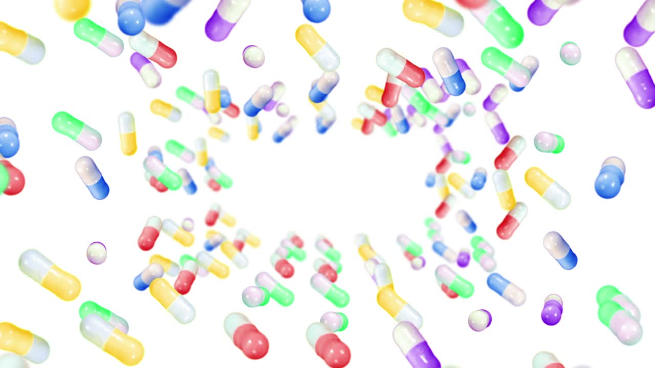 volando muchas cápsulas médicas en fondo blanco. concepto de medicina y farmacia. animación 3d de coloridas cápsulas de pastillas girando. animación de bucle.